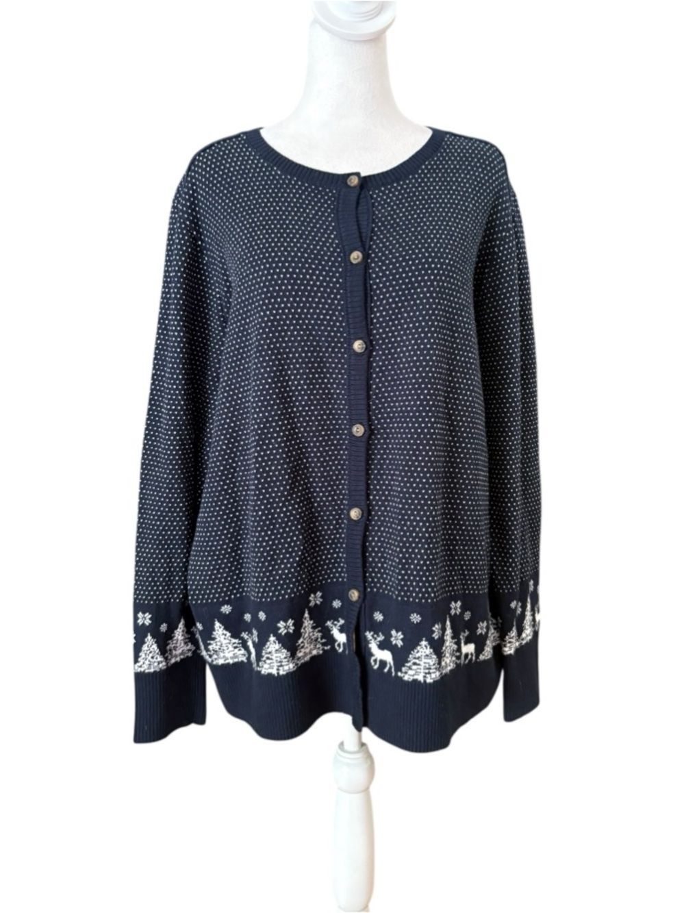 LL Bean Cardigan Sweater Cotton Cashmere Navy Blue Forest Scene Womens XL